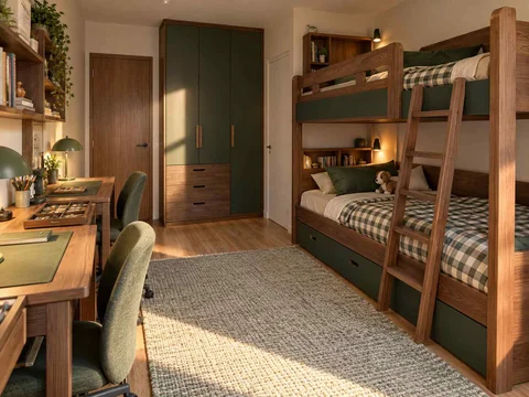 AI concept of bunk beds alongside study furniture and storage, with deep green accents and warm wood storage