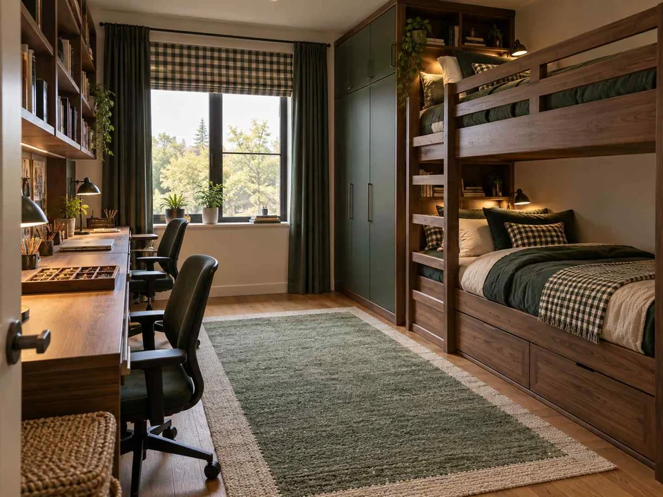 AI concept of bunk beds paired with bookshelves and study space, with deep green accents and warm wood storage