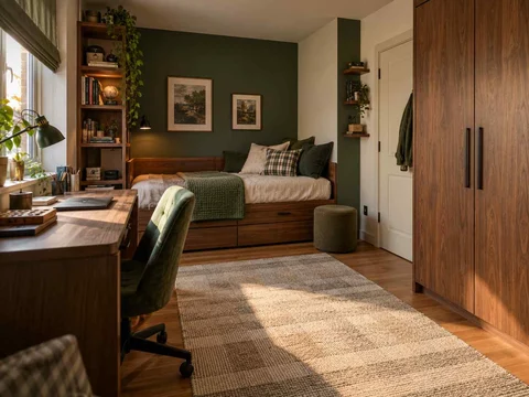 AI concept of a compact bedroom combining a bed, desk and storage, with deep green accents and warm wood storage