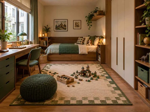 AI concept of a daylit bedroom with space for floor play, with deep green accents and warm wood storage