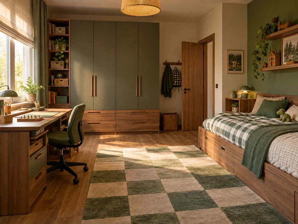 AI concept of a bedroom with a bed, study desk and open central floor space, with deep green accents and warm wood storage