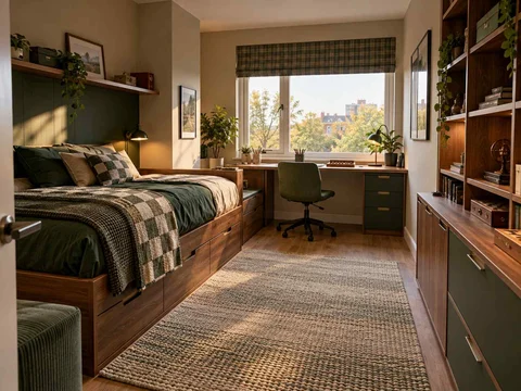 AI concept of a bedroom combining low storage with taller cabinetry or shelving, with deep green accents and warm wood storage