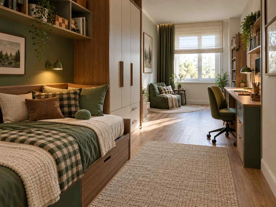 AI concept of a long bedroom with sleeping and study areas arranged along its length, with deep green accents and warm wood storage