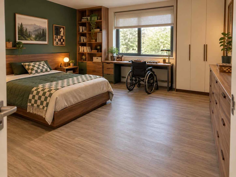 AI concept of a bedroom with an open central floor area and furniture arranged around its edges, with deep green accents and warm wood storage