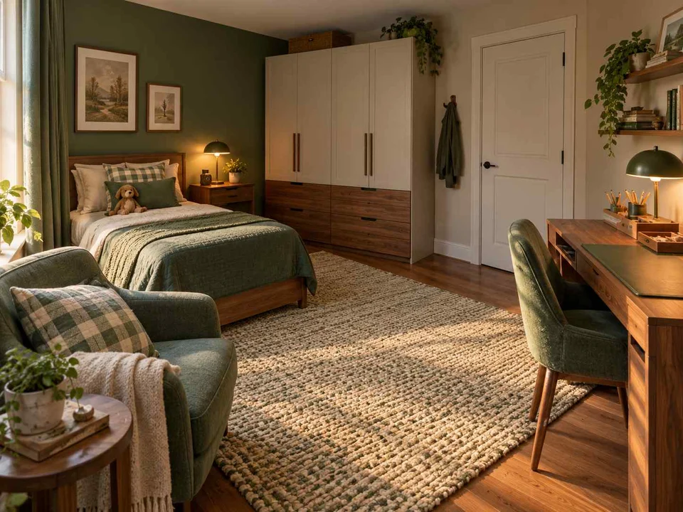 AI concept of a bedroom arranged around sleep, storage and a small sitting area, with deep green accents and warm wood storage