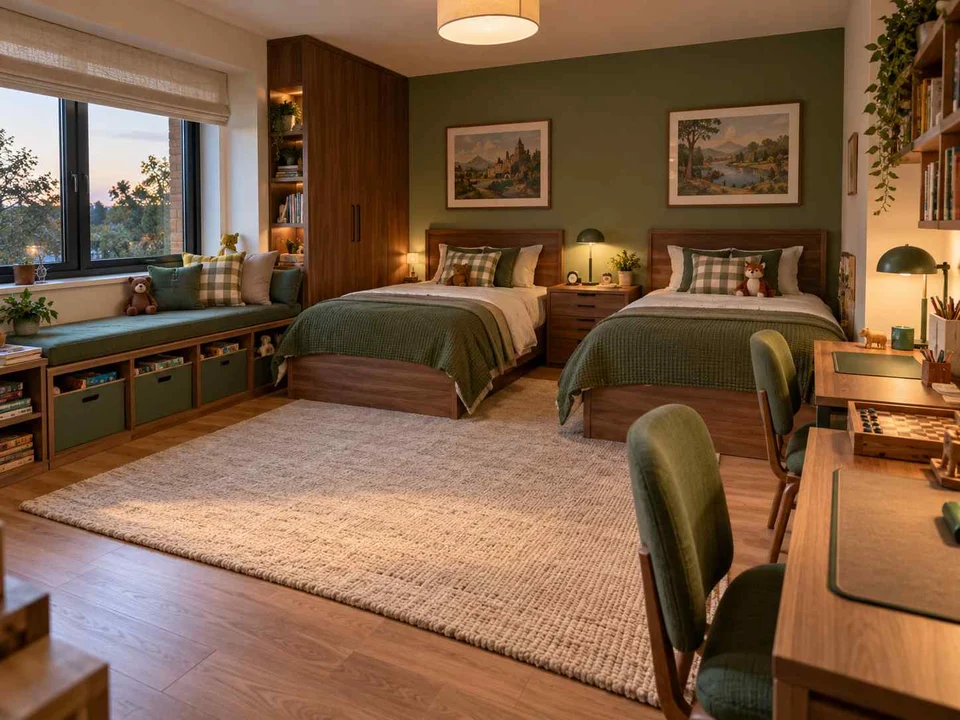 AI concept of a shared bedroom with twin sleeping areas and daylight from the window side, with deep green accents and warm wood storage