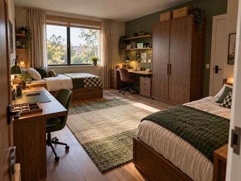 AI concept of a shared bedroom with two sleeping areas and desk space, with deep green accents and warm wood storage