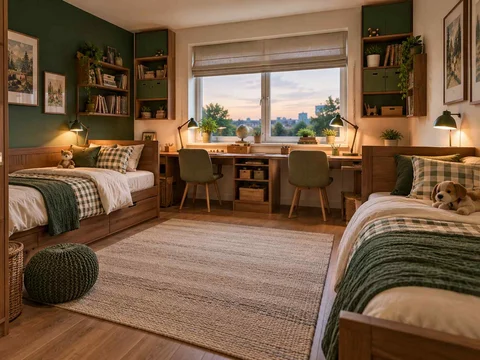 AI concept of two beds arranged around a shared central floor area, with deep green accents and warm wood storage