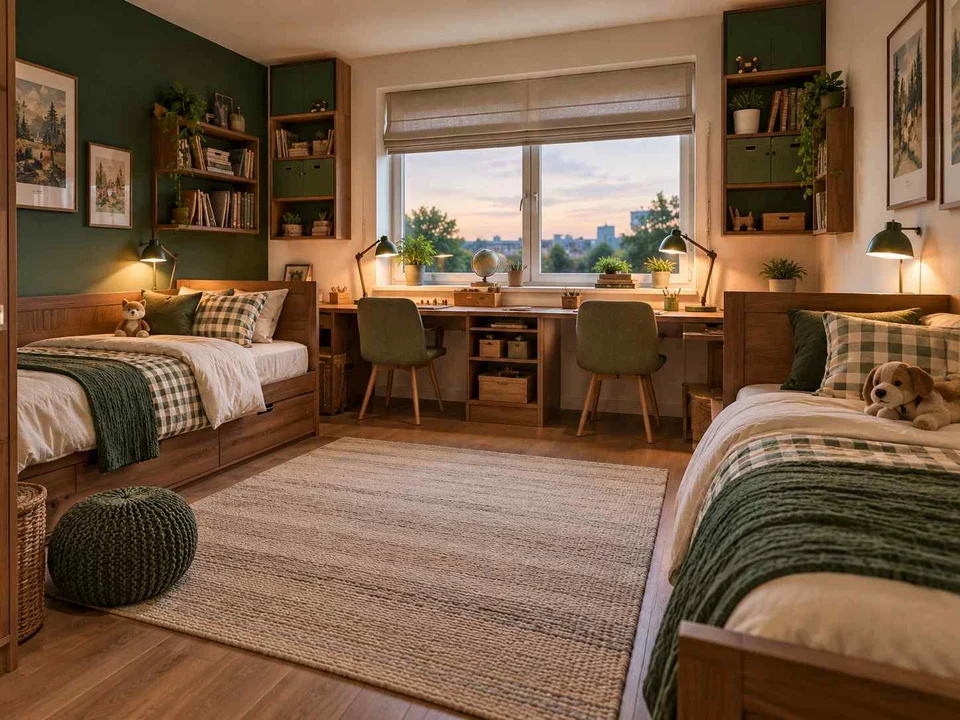 AI concept of two beds arranged around a shared central floor area, with deep green accents and warm wood storage