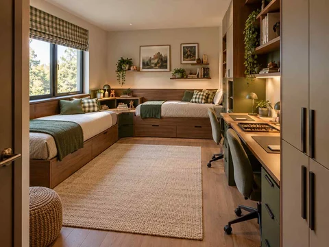 AI concept of a shared bedroom with two sleeping areas and study furniture, with deep green accents and warm wood storage