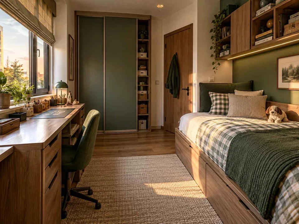 AI concept of a small bedroom with a bed, study furniture and integrated storage, with deep green accents and warm wood storage