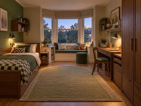 AI concept of a bedroom with a window-side seating area, with deep green accents and warm wood storage