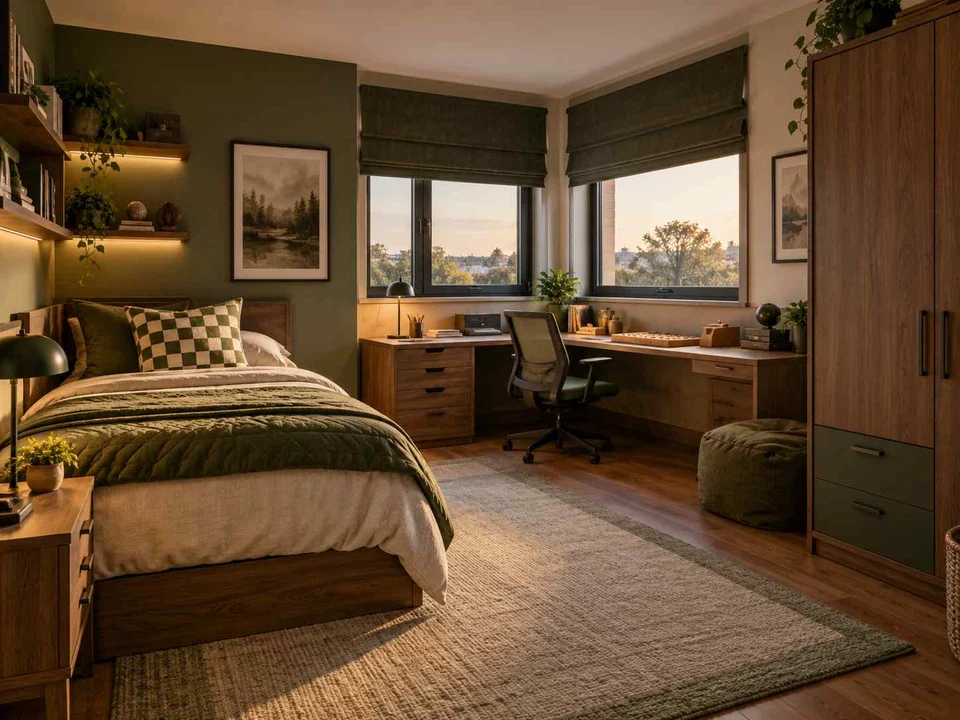 AI concept of a bedroom with a desk positioned near a window, with deep green accents and warm wood storage