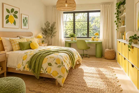 AI concept: lemon-patterned bedding, yellow cabinets and a green desk beside a large window