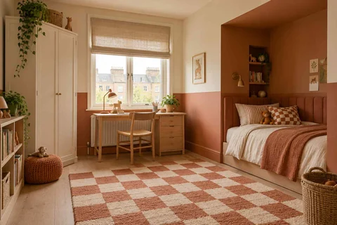 AI concept: a terracotta bed alcove, cream wardrobes and a checkerboard rug beside a window desk