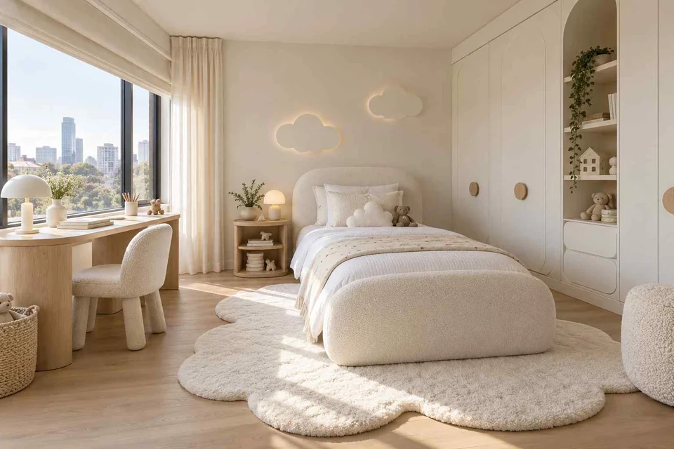 AI concept: a white upholstered bed, cloud-shaped wall decor and a long desk beneath a bright window