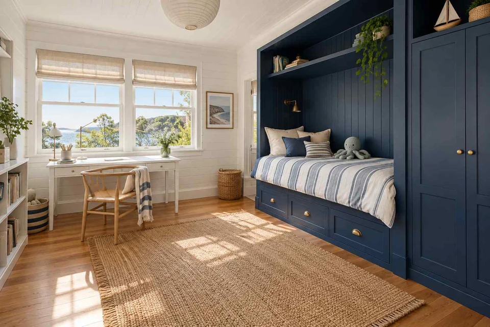 AI concept: a navy built-in bed nook and wardrobes contrast with white walls and a window desk