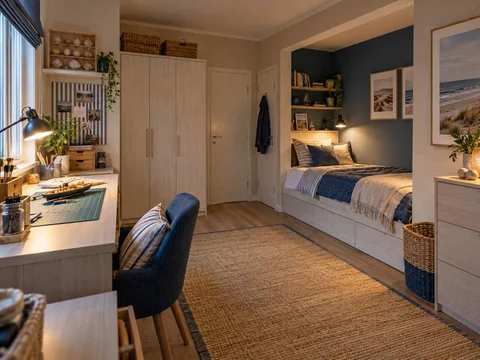 AI concept of a bedroom with a recessed sleeping area and a separate desk, with blue bedding and light-toned cabinetry