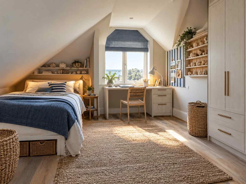 AI concept of a bedroom beneath a sloping ceiling with a bed and desk, with blue bedding and light-toned cabinetry