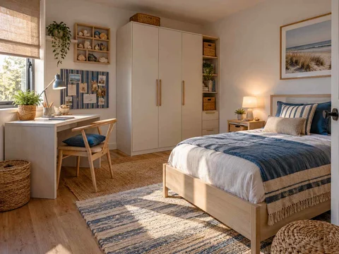 AI concept of a bedroom arranged with a bed, desk and storage furniture, with blue bedding and light-toned cabinetry