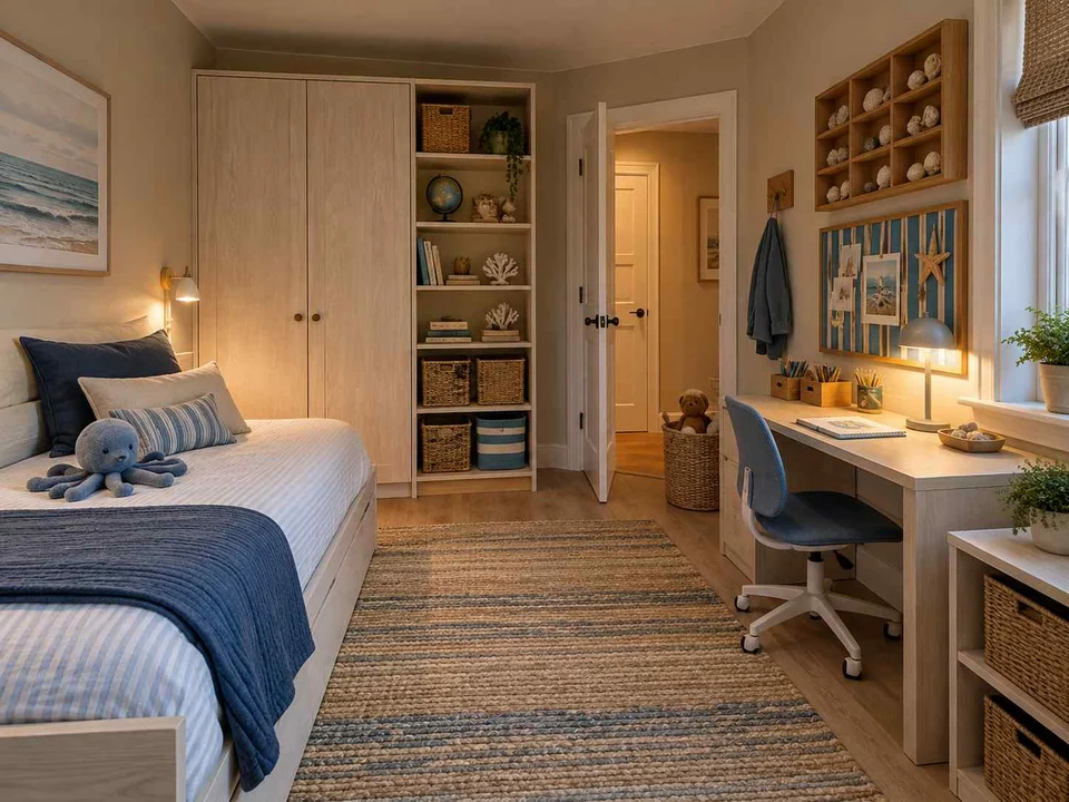 AI concept of a bedroom with cabinetry and shelving along the walls, with blue bedding and light-toned cabinetry