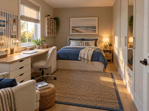 AI concept of a bedroom with desk space, task lighting and nearby storage, with blue bedding and light-toned cabinetry
