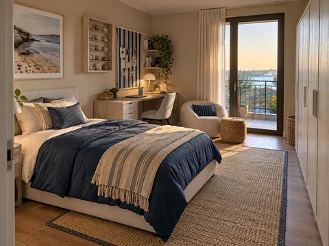 AI concept of a bedroom opening towards full-height glazed doors, with blue bedding and light-toned cabinetry