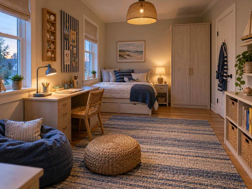 AI concept of a bedroom with a central rug and open floor space for play, with blue bedding and light-toned cabinetry