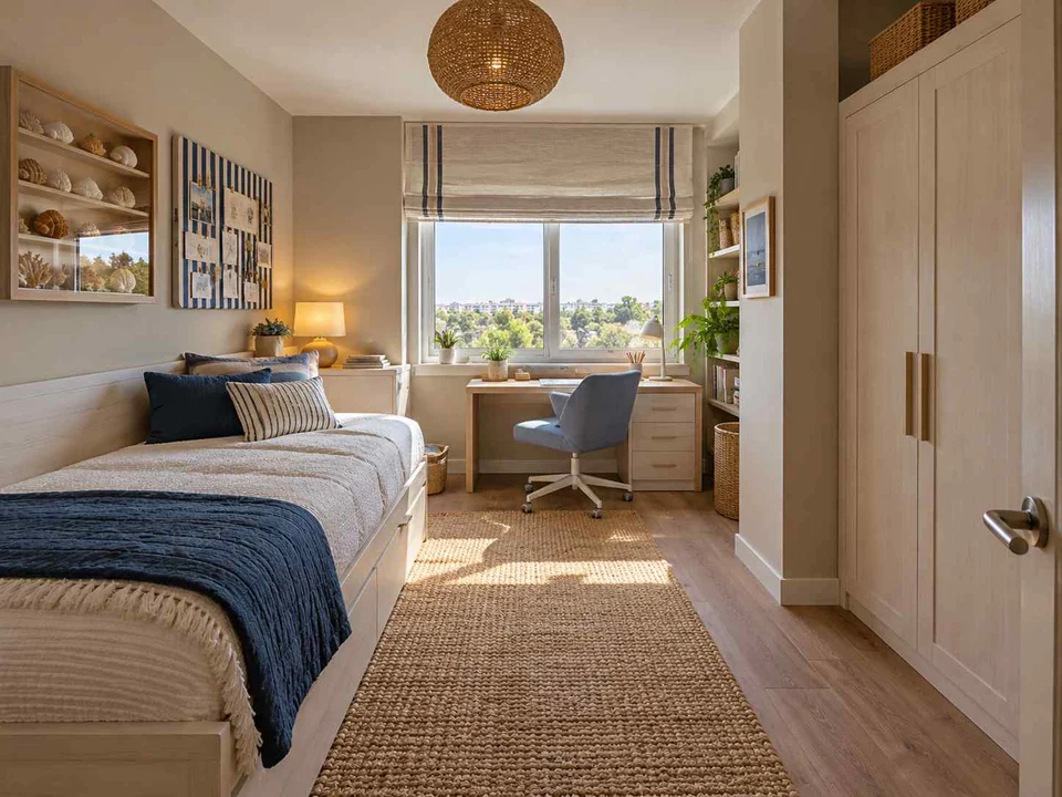 AI concept of a bedroom with a study desk and storage beside the sleeping area, with blue bedding and light-toned cabinetry