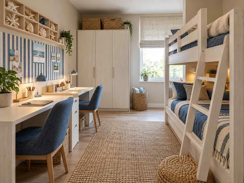 AI concept of bunk beds alongside study furniture and storage, with blue bedding and light-toned cabinetry