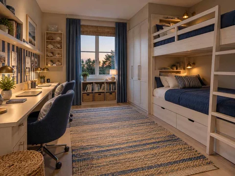 AI concept of bunk beds paired with bookshelves and study space, with blue bedding and light-toned cabinetry