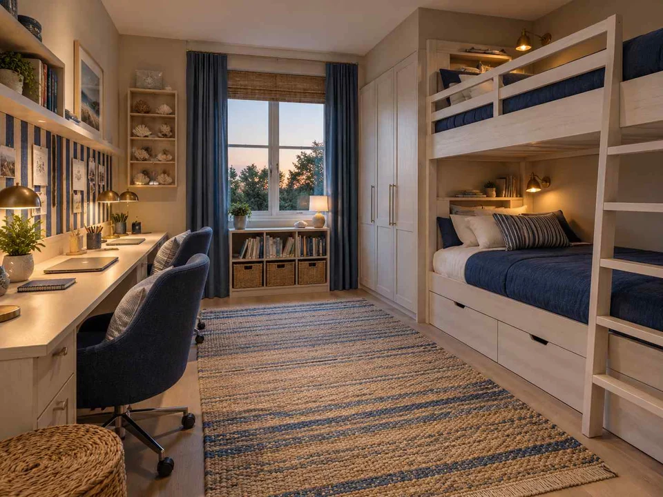 AI concept of bunk beds paired with bookshelves and study space, with blue bedding and light-toned cabinetry