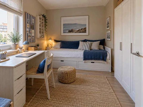 AI concept of a compact bedroom combining a bed, desk and storage, with blue bedding and light-toned cabinetry