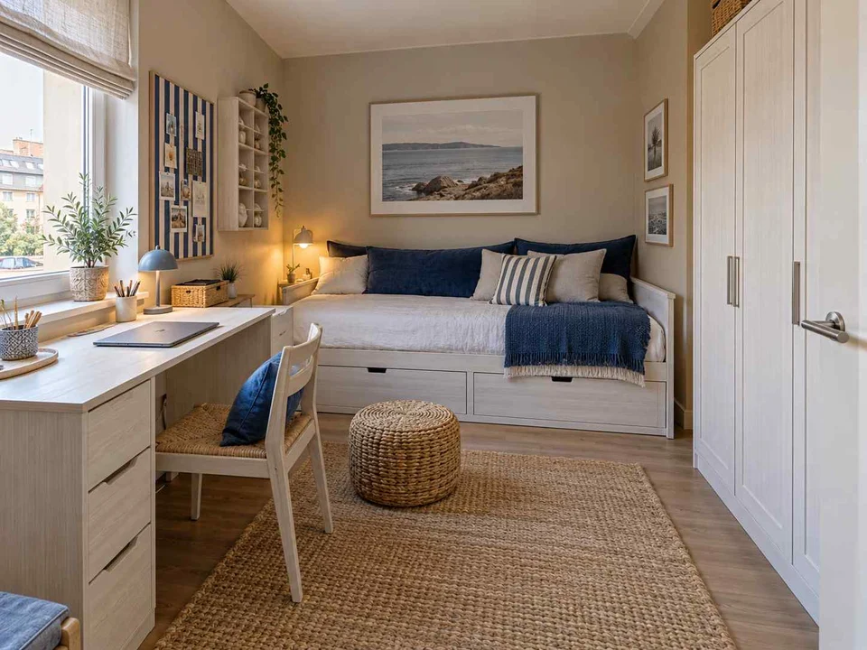 AI concept of a compact bedroom combining a bed, desk and storage, with blue bedding and light-toned cabinetry