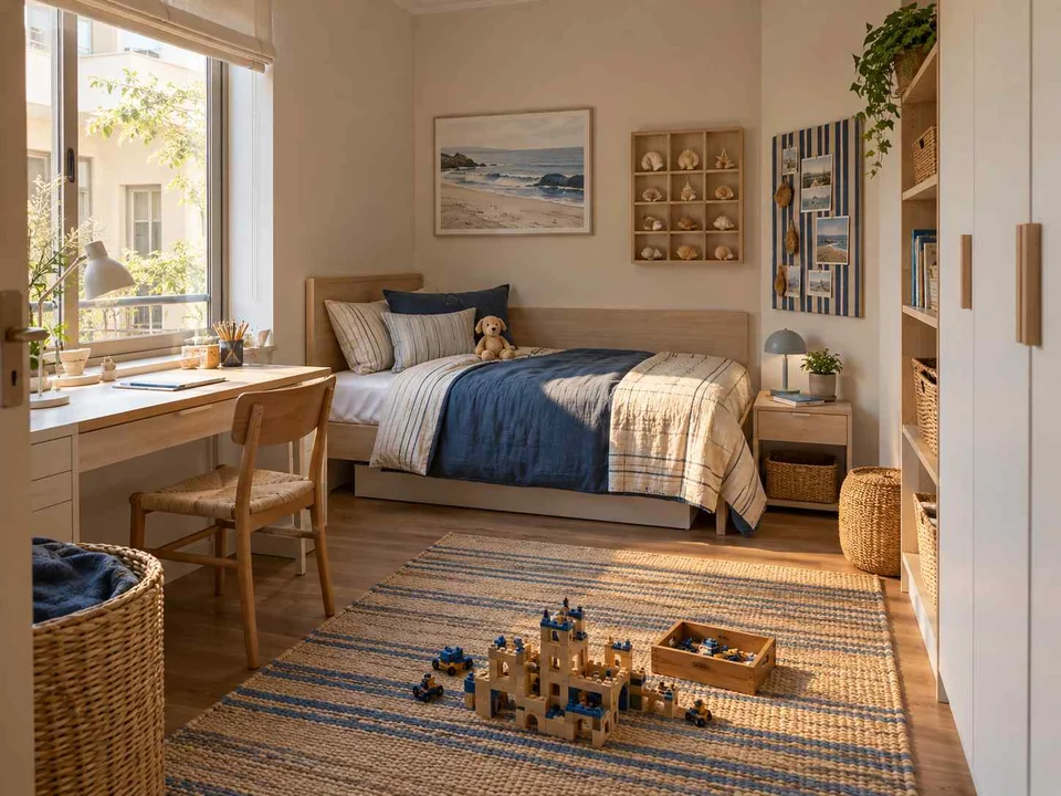 AI concept of a daylit bedroom with space for floor play, with blue bedding and light-toned cabinetry