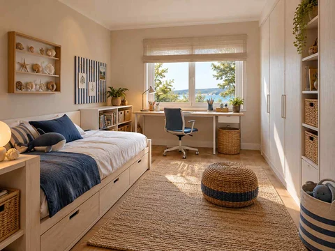 AI concept of a bedroom with a bed, study desk and open central floor space, with blue bedding and light-toned cabinetry