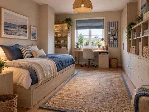 AI concept of a bedroom combining low storage with taller cabinetry or shelving, with blue bedding and light-toned cabinetry