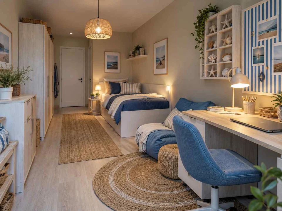 AI concept of a long bedroom with sleeping and study areas arranged along its length, with blue bedding and light-toned cabinetry