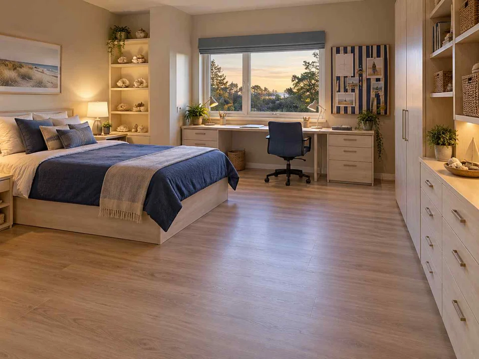AI concept of a bedroom with an open central floor area and furniture arranged around its edges, with blue bedding and light-toned cabinetry