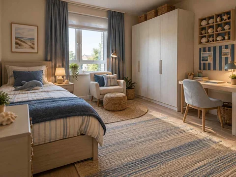 AI concept of a bedroom arranged around sleep, storage and a small sitting area, with blue bedding and light-toned cabinetry