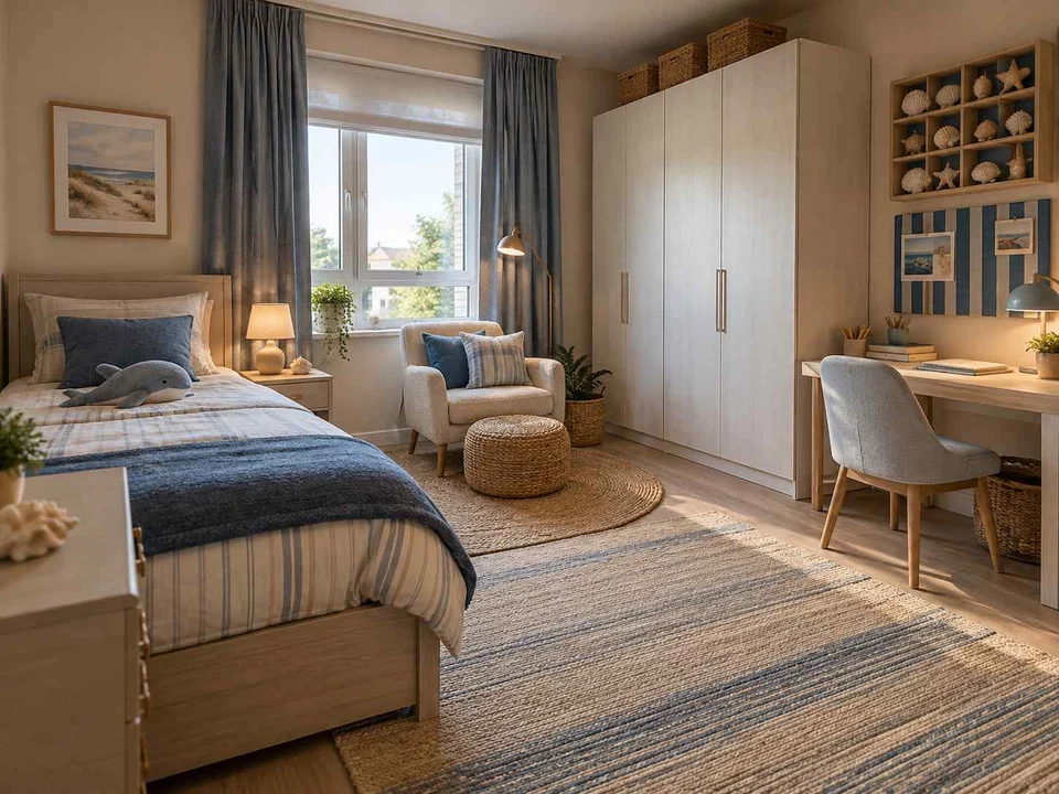 AI concept of a bedroom arranged around sleep, storage and a small sitting area, with blue bedding and light-toned cabinetry