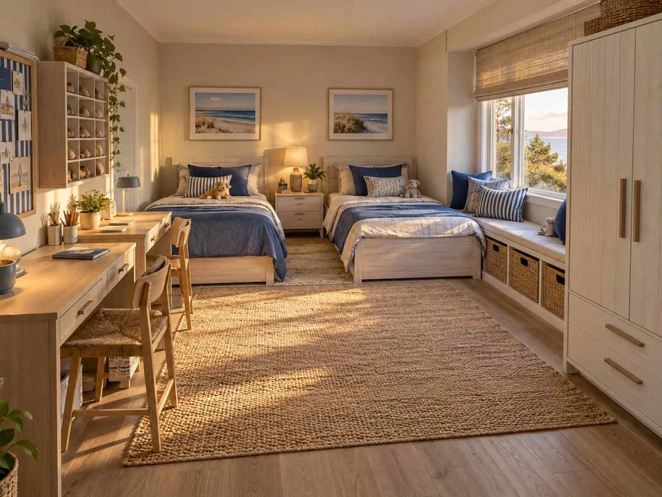 AI concept of a shared bedroom with twin sleeping areas and daylight from the window side, with blue bedding and light-toned cabinetry