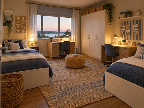 AI concept of a shared bedroom with two sleeping areas and desk space, with blue bedding and light-toned cabinetry