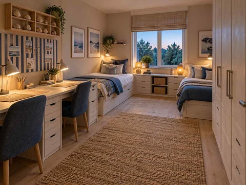 AI concept of a shared bedroom with two sleeping areas and study furniture, with blue bedding and light-toned cabinetry
