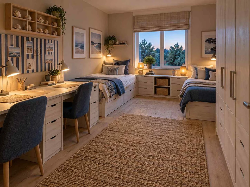 AI concept of a shared bedroom with two sleeping areas and study furniture, with blue bedding and light-toned cabinetry