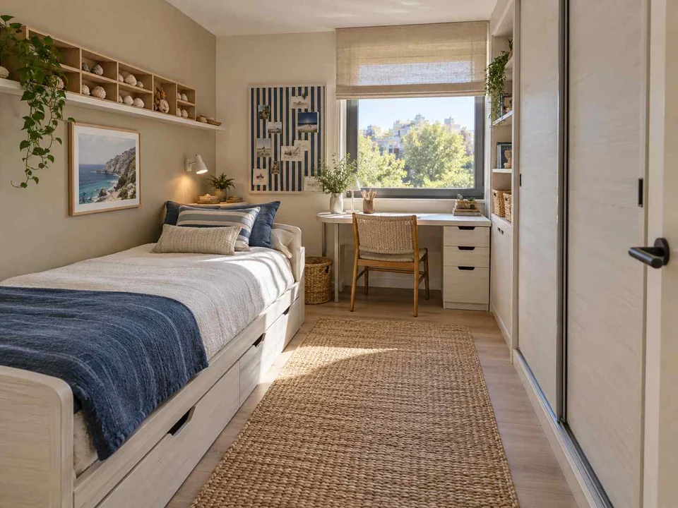 AI concept of a small bedroom with a bed, study furniture and integrated storage, with blue bedding and light-toned cabinetry