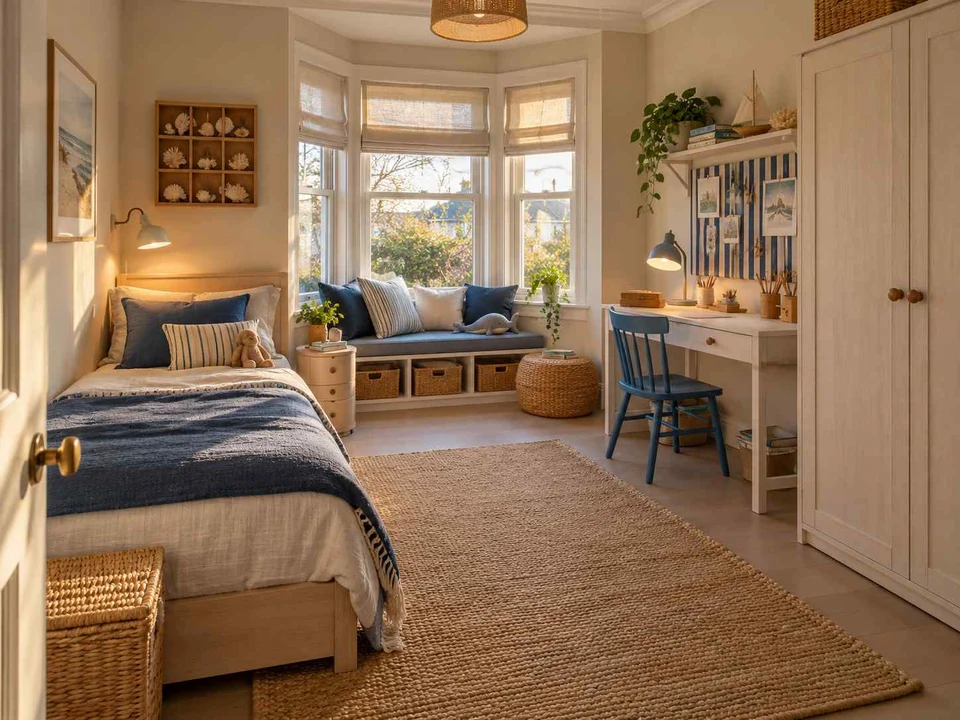 AI concept of a bedroom with a window-side seating area, with blue bedding and light-toned cabinetry