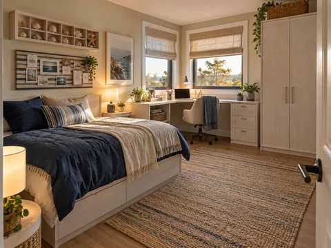 AI concept of a bedroom with a desk positioned near a window, with blue bedding and light-toned cabinetry