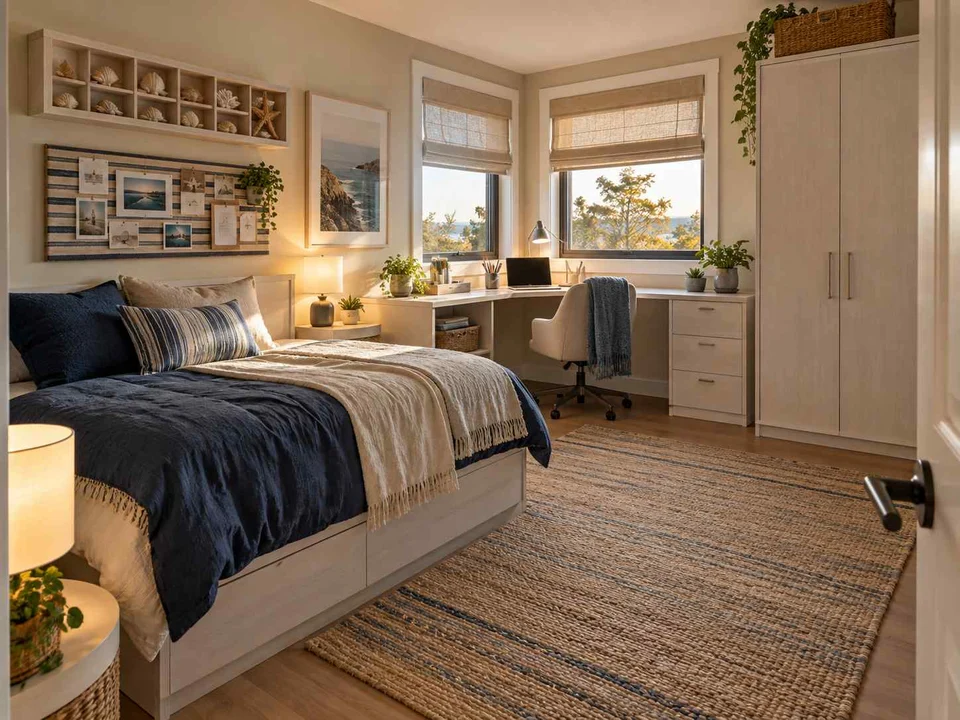 AI concept of a bedroom with a desk positioned near a window, with blue bedding and light-toned cabinetry