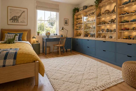 AI concept: glazed display storage and blue drawers line a bedroom with a timber bed